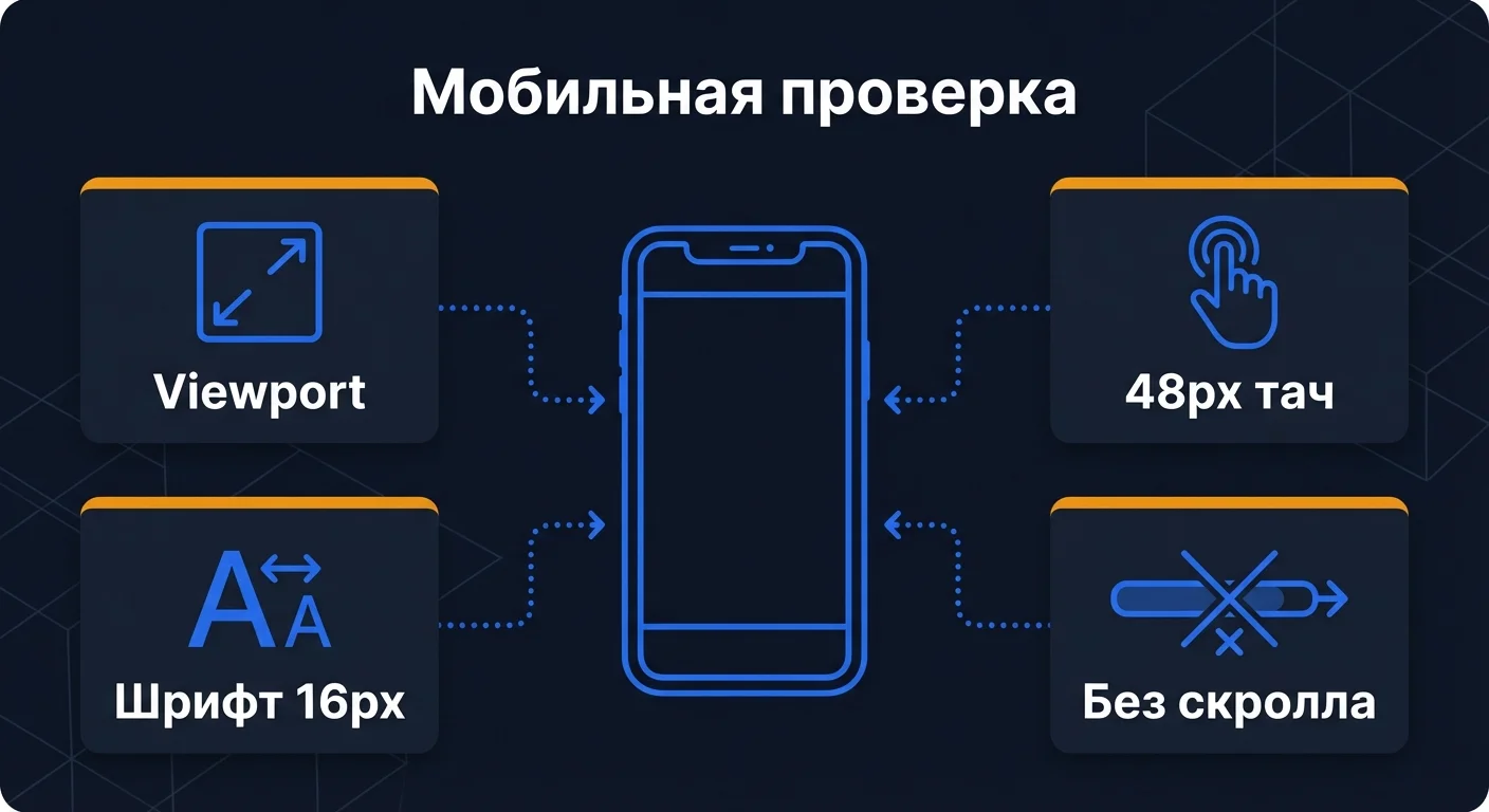 Диаграмма: четыре параметра мобильной адаптации сайта - viewport, размер тач-элементов, шрифт и скролл