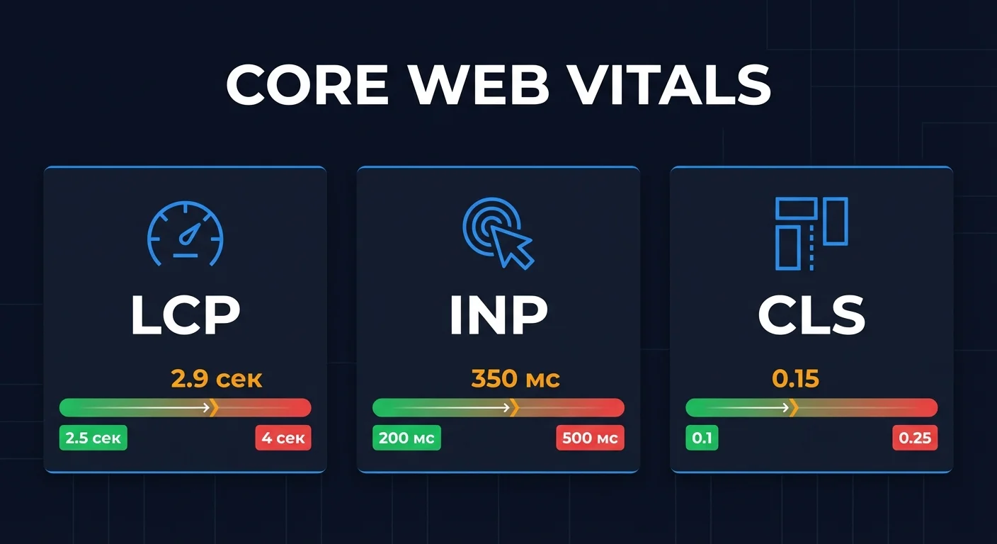 Инфографика: пороговые значения Core Web Vitals - LCP, INP и CLS с нормой и критическими показателями