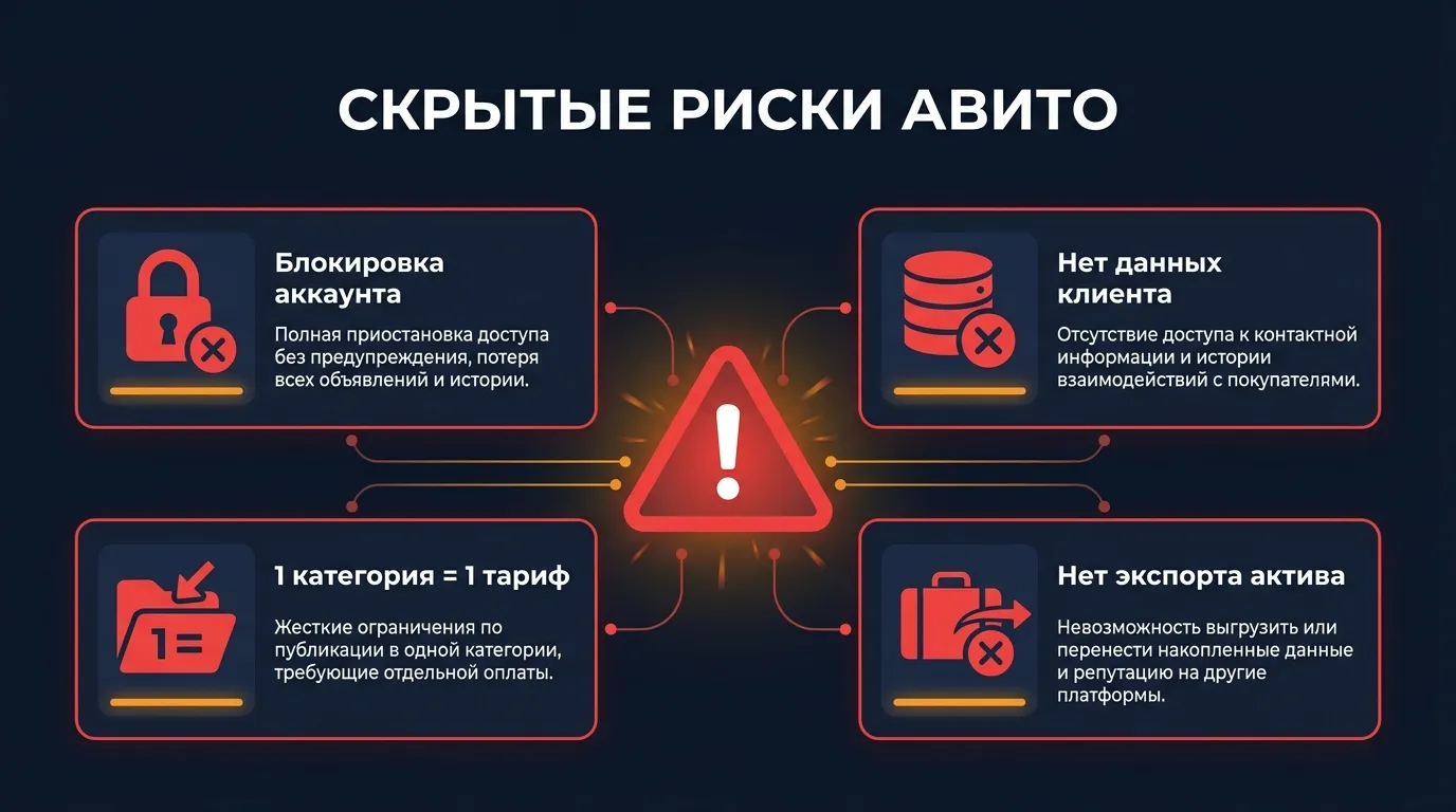 Скрытые риски Авито: блокировка аккаунта, нет данных клиента, 1 категория = 1 тариф, нет экспорта актива