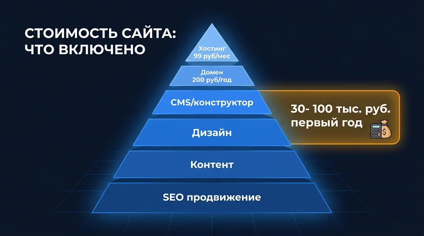 Стоимость собственного сайта в 2026: хостинг от 99 руб/мес и айсберг скрытых затрат - домен, CMS, дизайн, контент, SEO