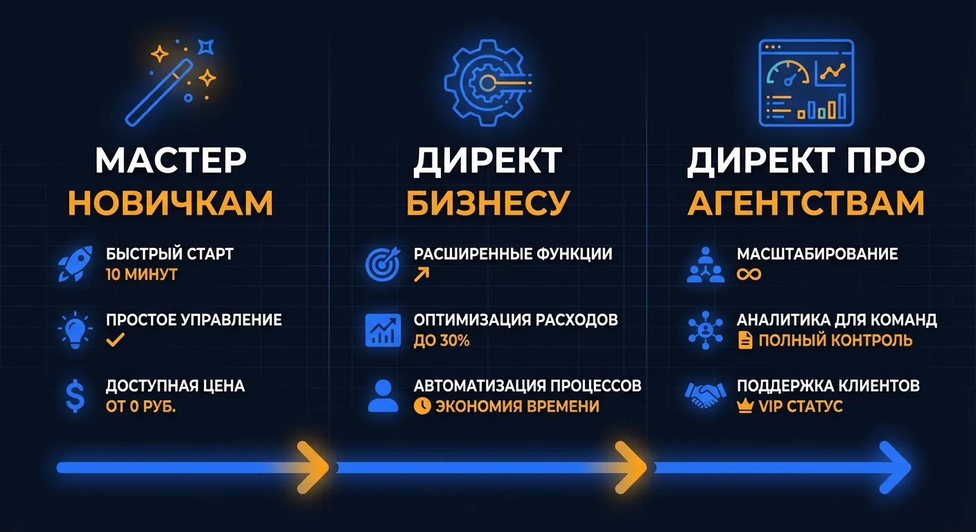 Сравнение: три режима Яндекс.Директ - Мастер кампаний для новичков, Директ для бизнеса и Директ Про для агентств
