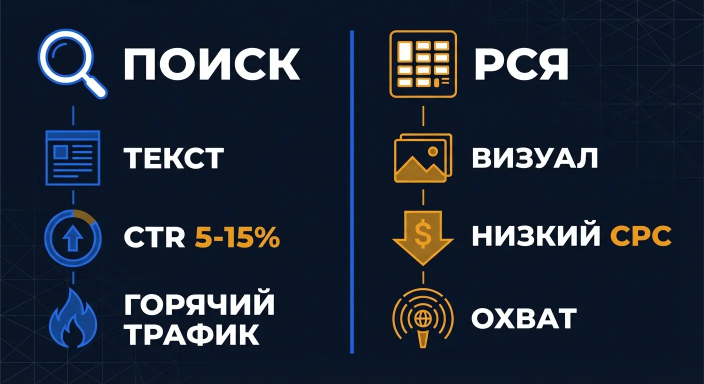 Сравнение: поисковая реклама и РСЯ в Яндекс.Директ - отличия по формату, CTR, стоимости клика и охвату