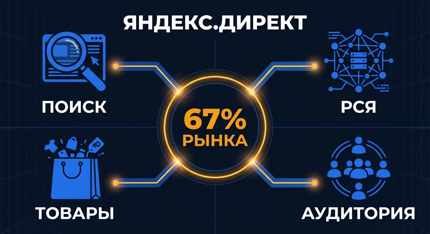 Инфографика: основные рекламные форматы Яндекс.Директ - поиск, РСЯ, товары и аудитории с долей рынка 67%