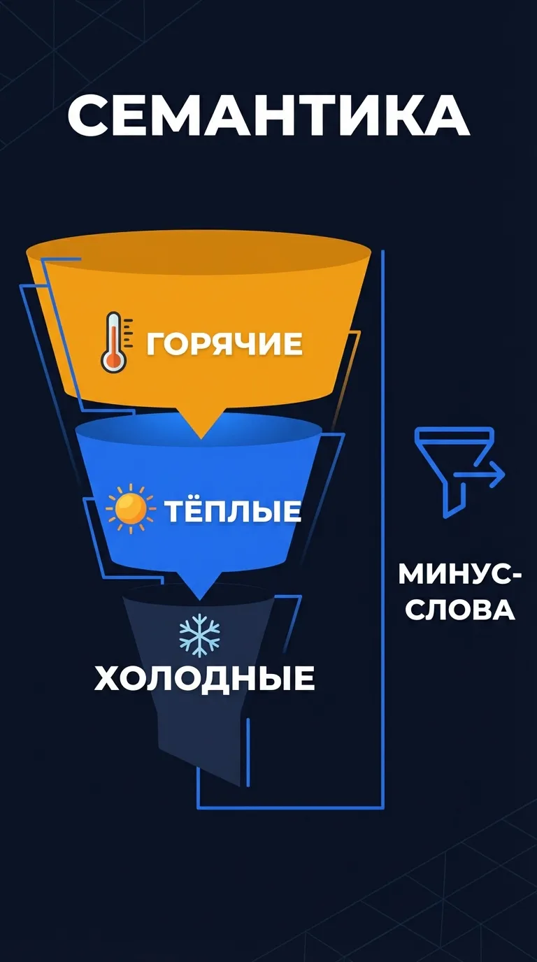 Инфографика: структура семантического ядра в Яндекс.Директ - горячие, теплые и холодные запросы с минус-словами