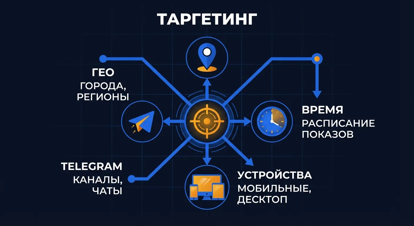 Инфографика: виды таргетинга в Яндекс.Директ - геотаргетинг, время показов, устройства и Telegram-каналы