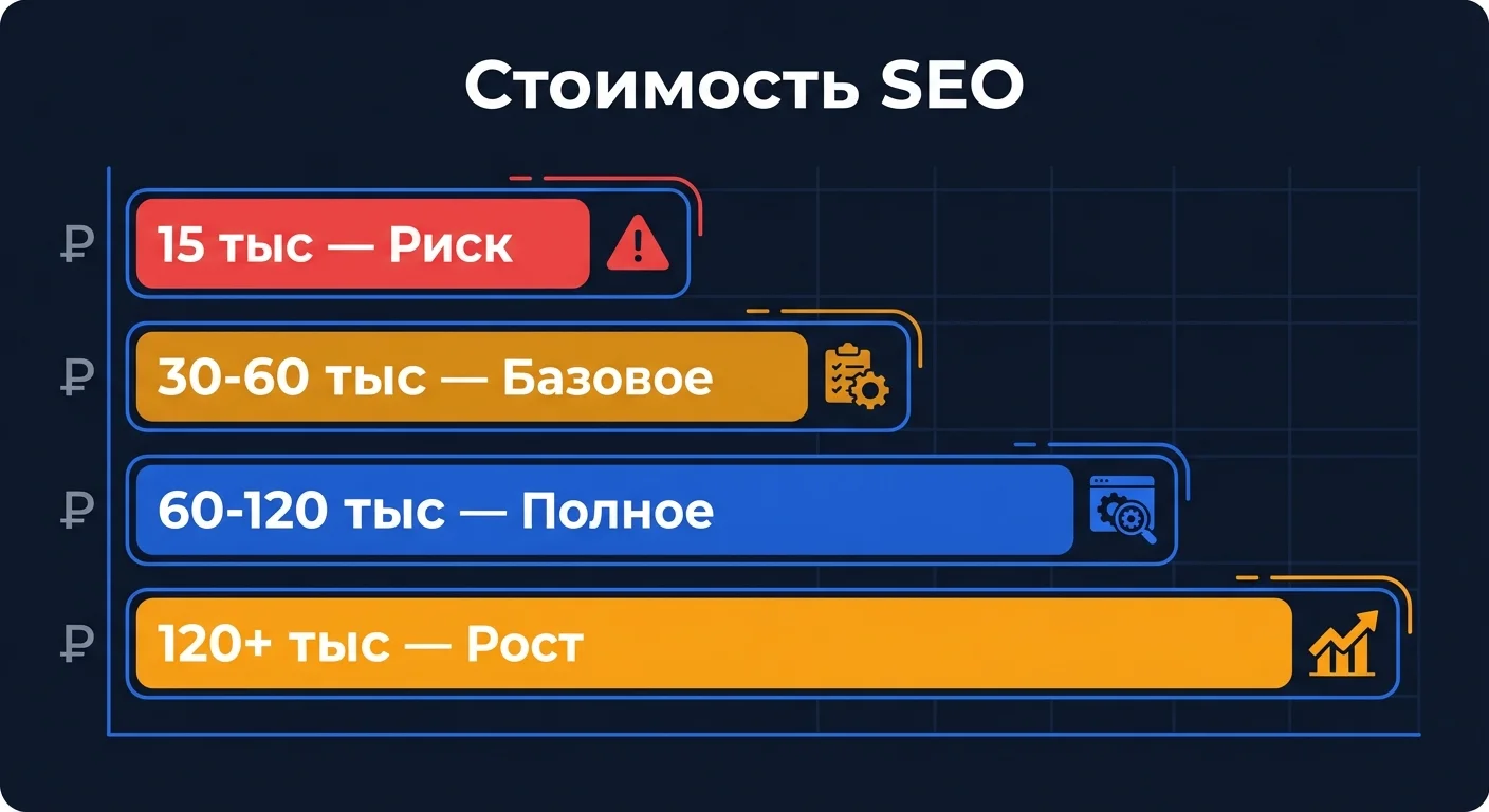 Дашборд: стоимость SEO-продвижения по уровням - от 15 до 120+ тысяч рублей в месяц, что реально получить