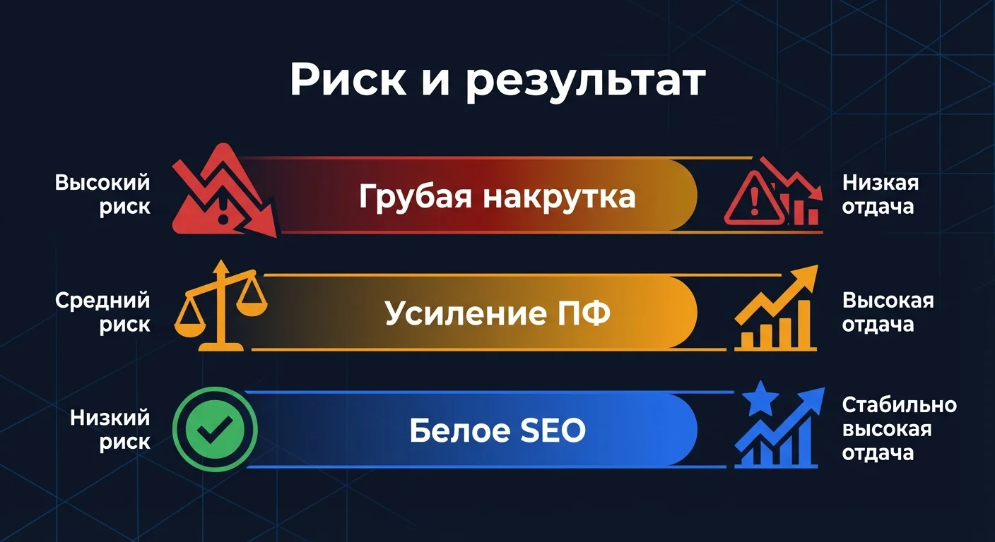 Dashboard: риск и результат трех методов -- грубая накрутка, усиление ПФ, белое SEO-продвижение