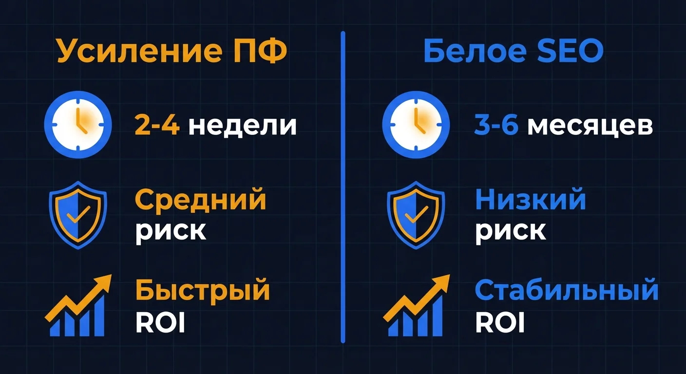 Сравнение усиления ПФ и белого SEO: сроки, риски и окупаемость двух методов продвижения