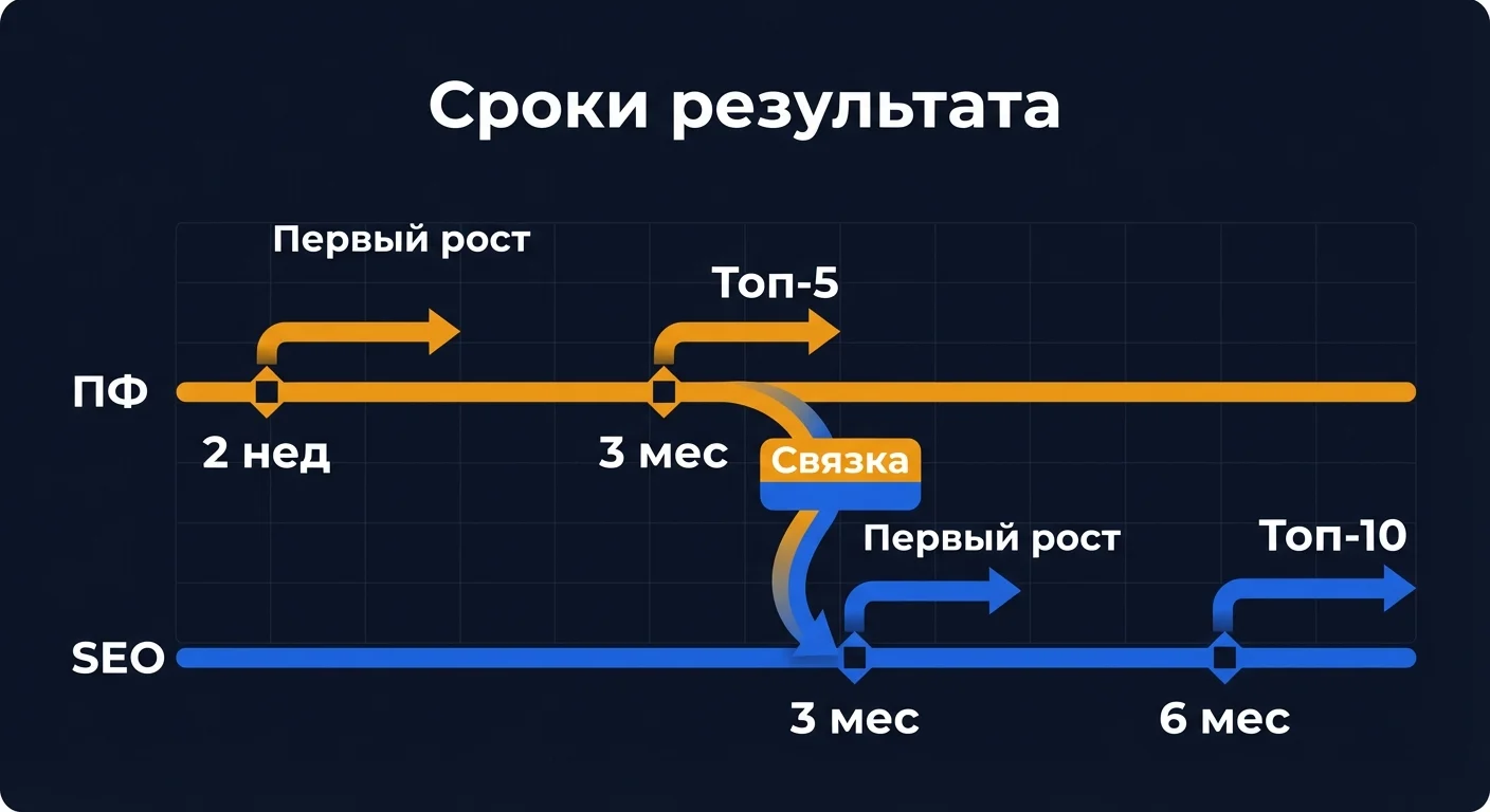 Таймлайн результатов: усиление ПФ дает рост за 2-4 недели, белое SEO -- за 3-6 месяцев