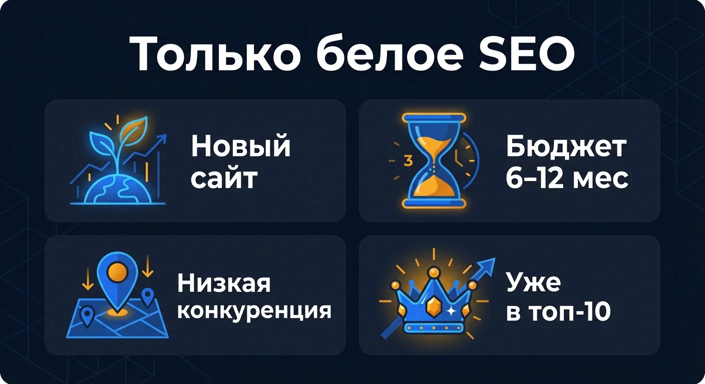 Четыре ситуации, когда достаточно белого SEO: новый сайт, долгосрочная стратегия, низкая конкуренция