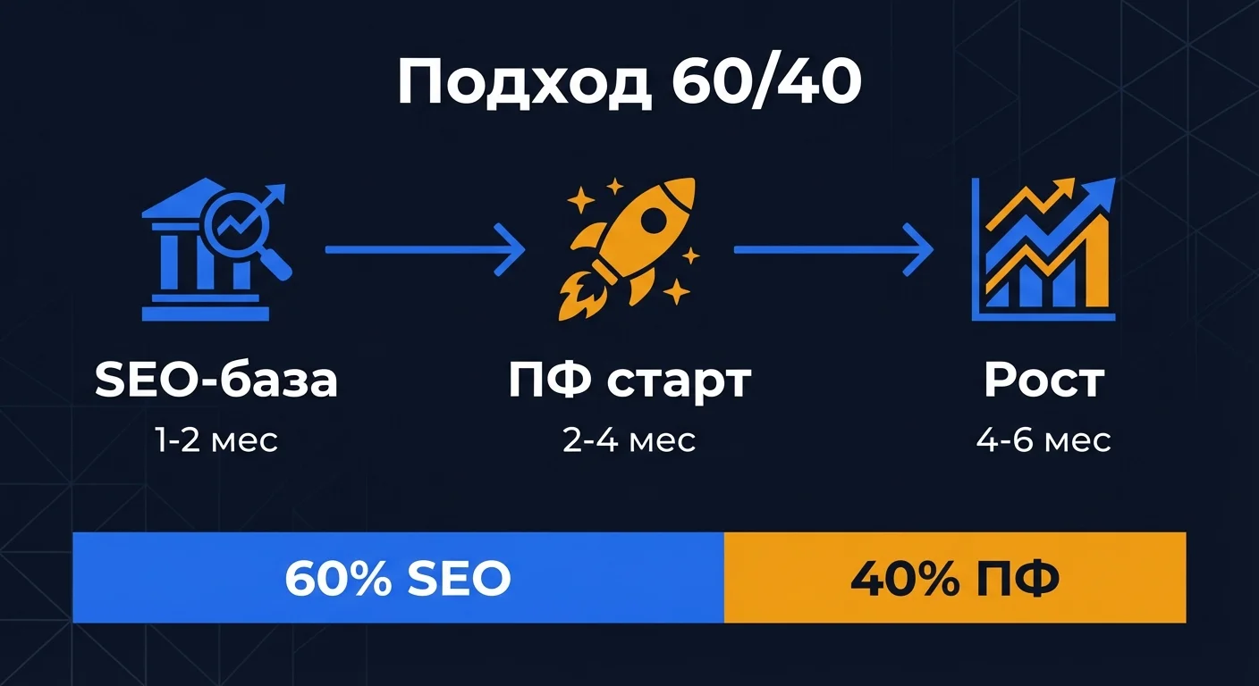 Комбинированный подход 60/40: три этапа -- SEO-фундамент, подключение ПФ, масштабирование результата