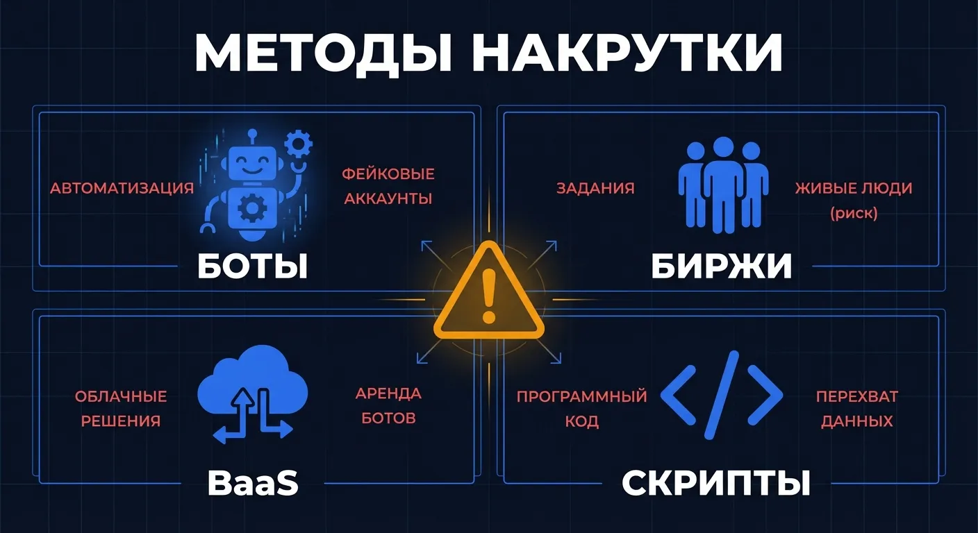 Инфографика: четыре метода накрутки поведенческих факторов - боты, биржи заданий, BaaS-платформы и скрипты