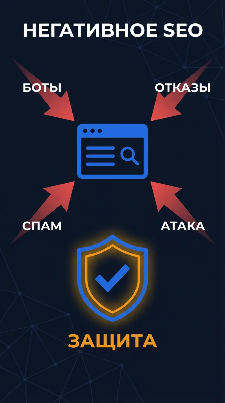 Инфографика: негативное SEO - четыре типа атак ботами на сайт и методы защиты от накрутки конкурентов