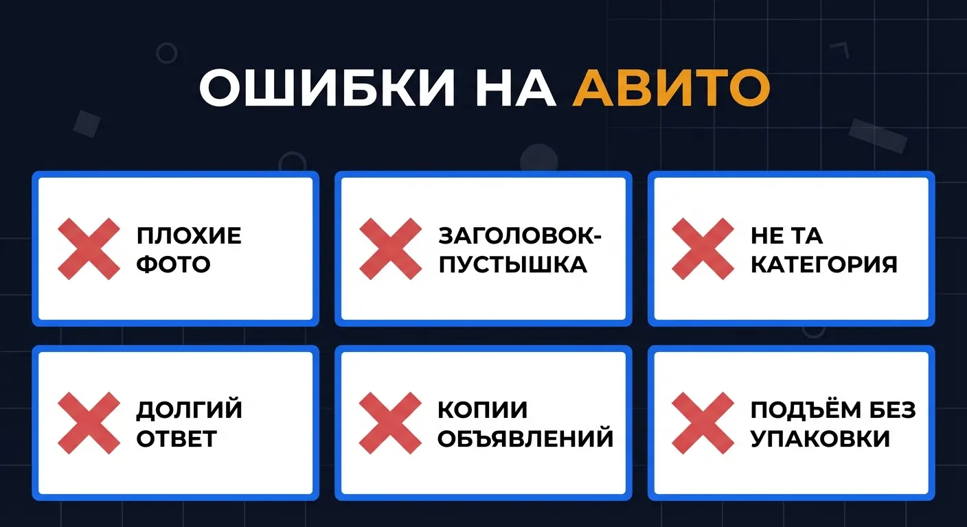 Чеклист ошибок на Авито: плохие фото, заголовок-пустышка, не та категория, долгий ответ, копии, подъем без упаковки