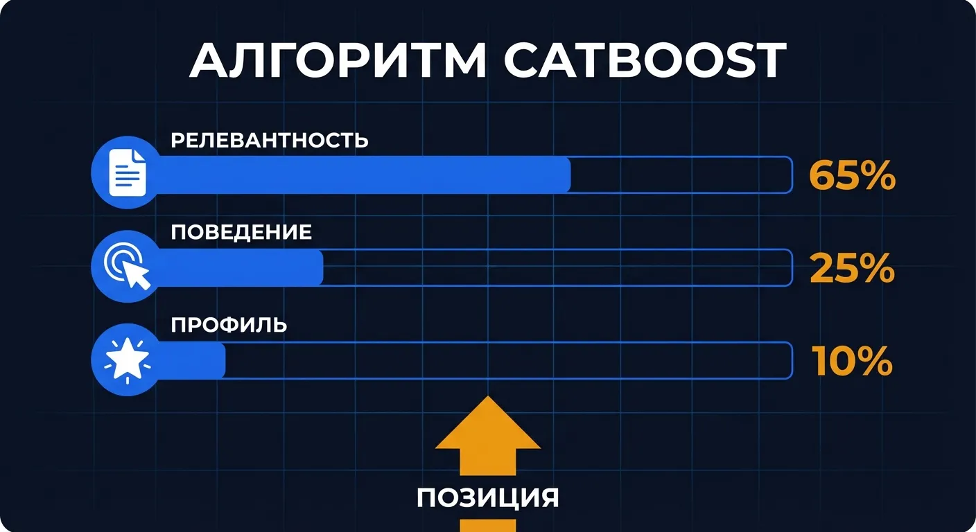 Диаграмма: алгоритм CatBoost на Авито - вес факторов ранжирования: релевантность 65%, поведение 25%, профиль 10%
