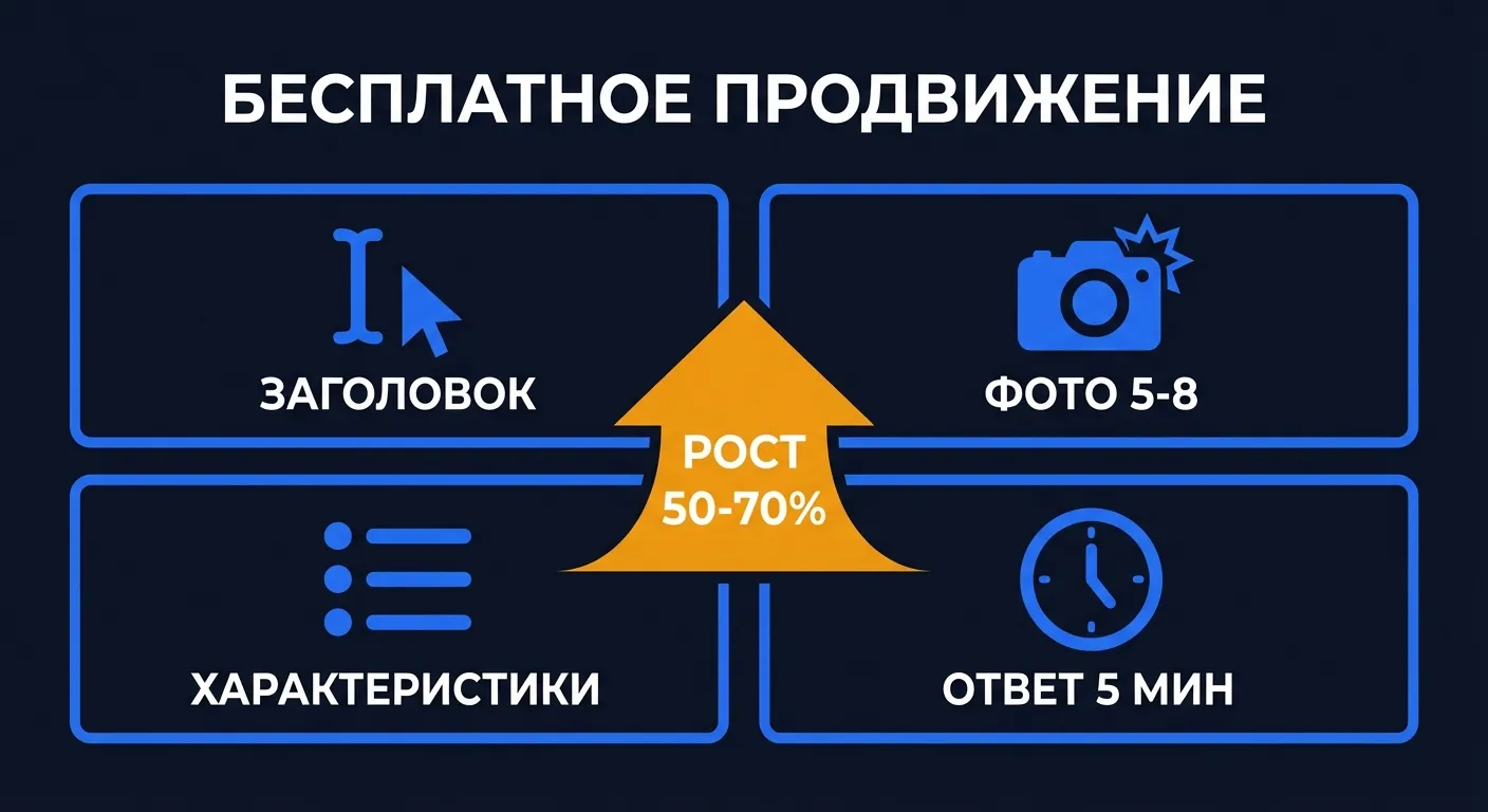 Инфографика: бесплатное продвижение на Авито - заголовок, фото, характеристики, скорость ответа, рост просмотров 50-70%