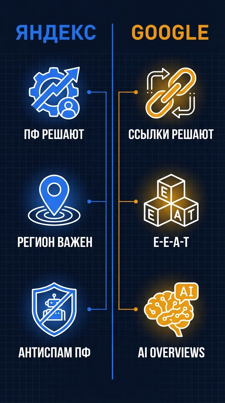Сравнение ранжирования в Яндексе и Google: различия в подходах к поведенческим факторам, ссылкам и регионам