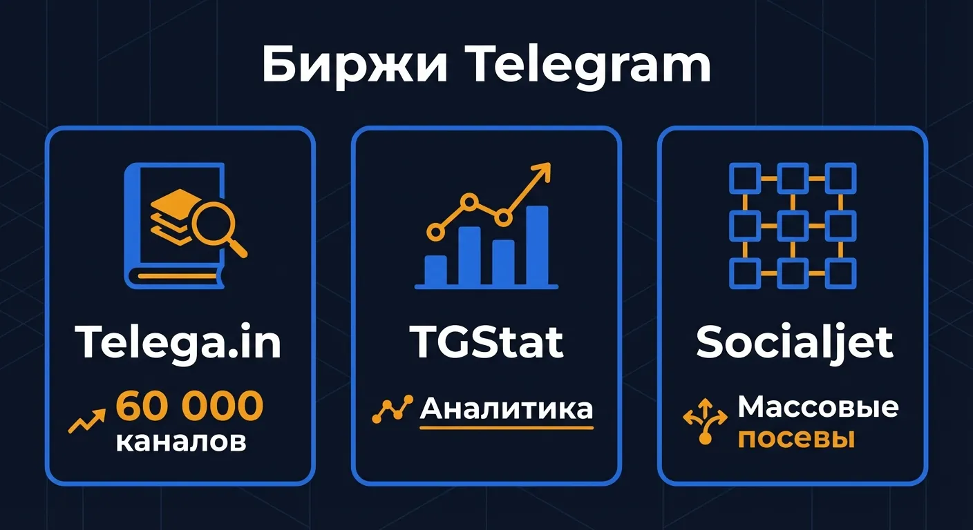 Сравнение: три биржи для размещения рекламы в Telegram - Telega.in, TGStat и Socialjet с описанием