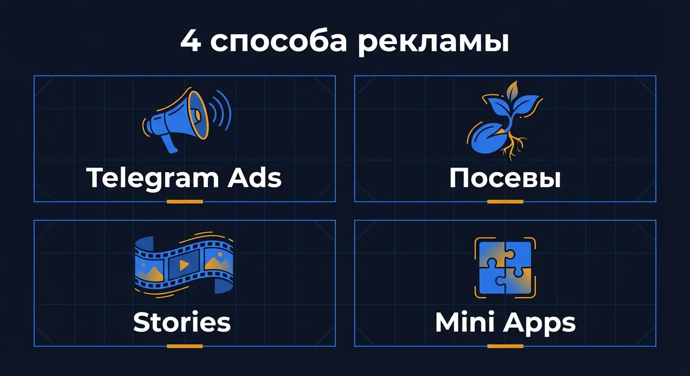 Инфографика: четыре способа рекламы в Telegram - Telegram Ads, посевы, Stories и Mini Apps с иконками и подписями