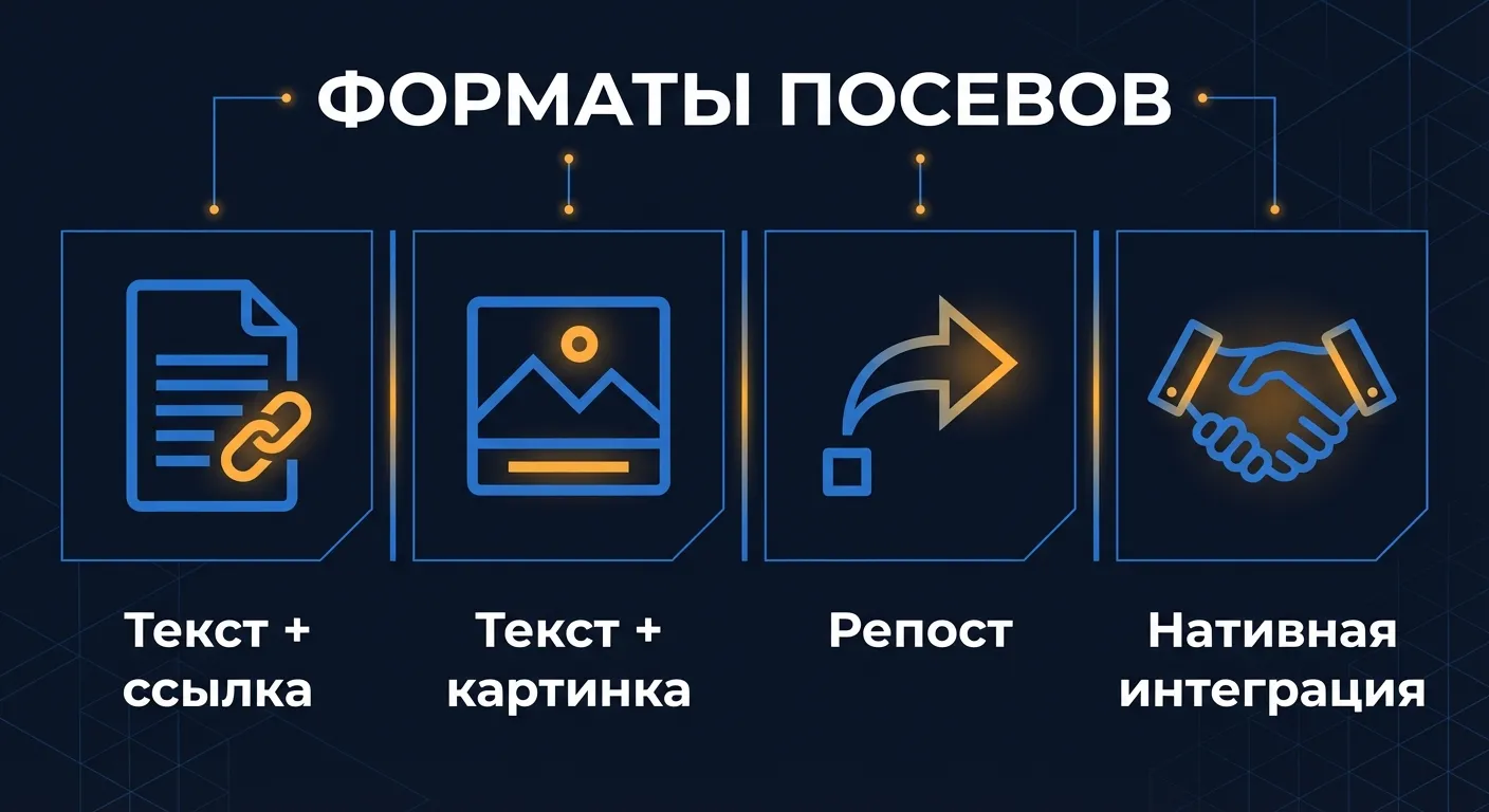 Инфографика: форматы посевов в Telegram-каналах - текст со ссылкой, текст с картинкой, репост и нативная интеграция