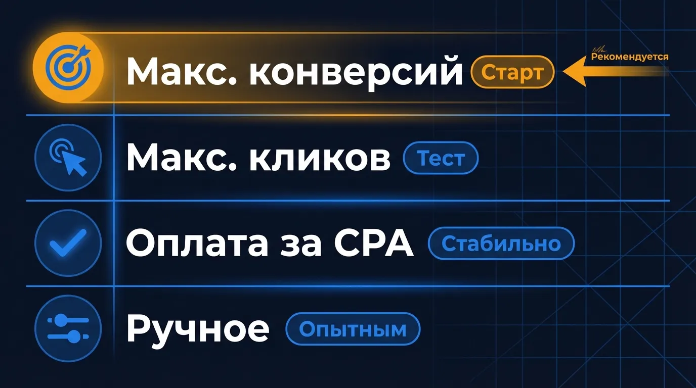 Сравнение стратегий ставок в РСЯ: максимум конверсий, максимум кликов, оплата за CPA и ручное управление