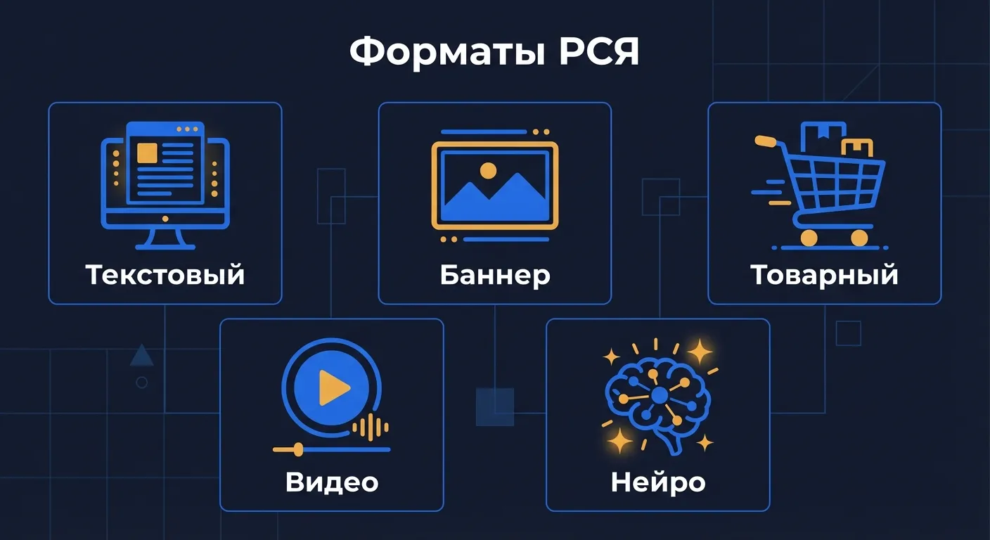 Инфографика: пять форматов объявлений РСЯ - текстовый, баннер, товарный, видео и нейрообъявления