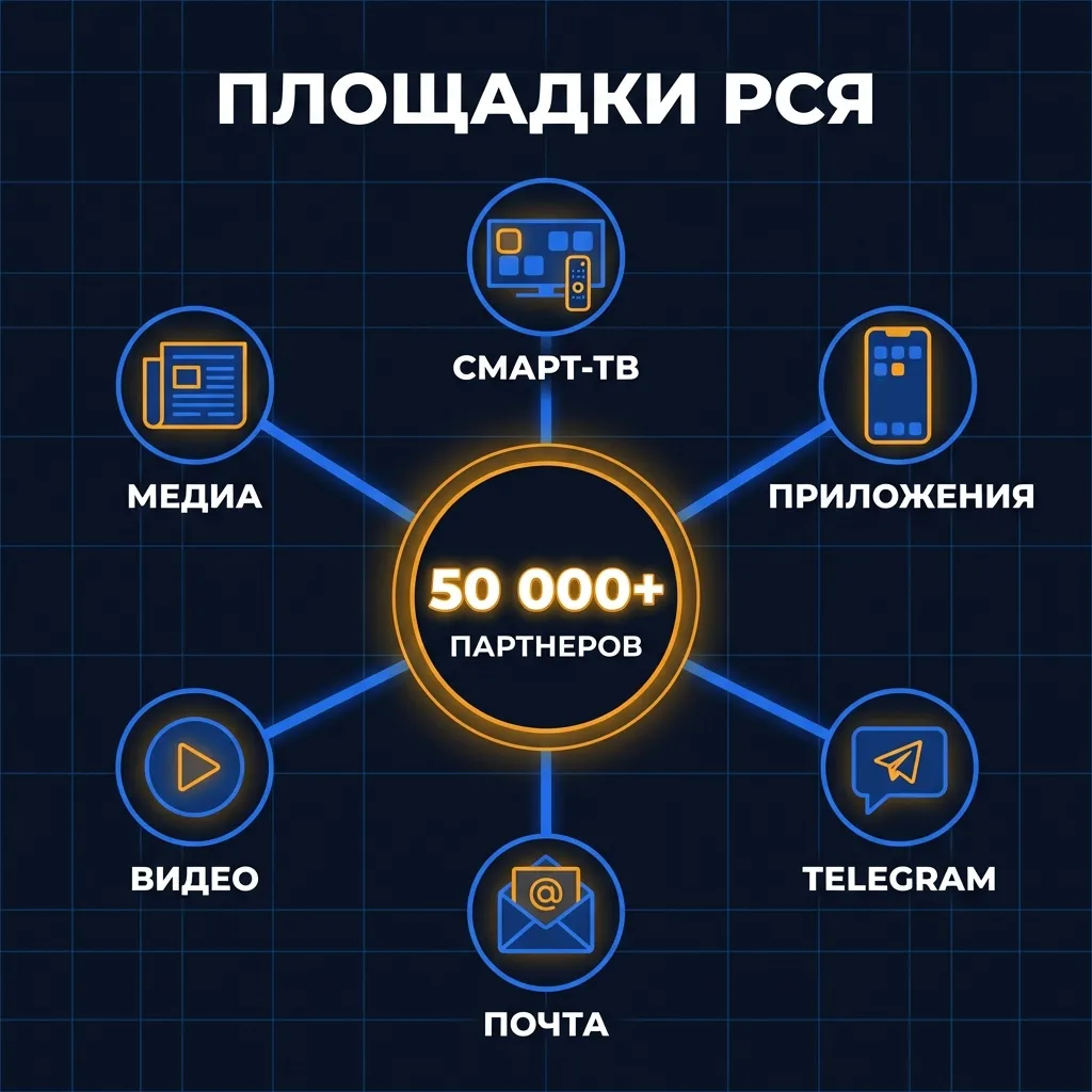 Инфографика: типы площадок РСЯ - медиа, приложения, Telegram, почта, видео и смарт-ТВ