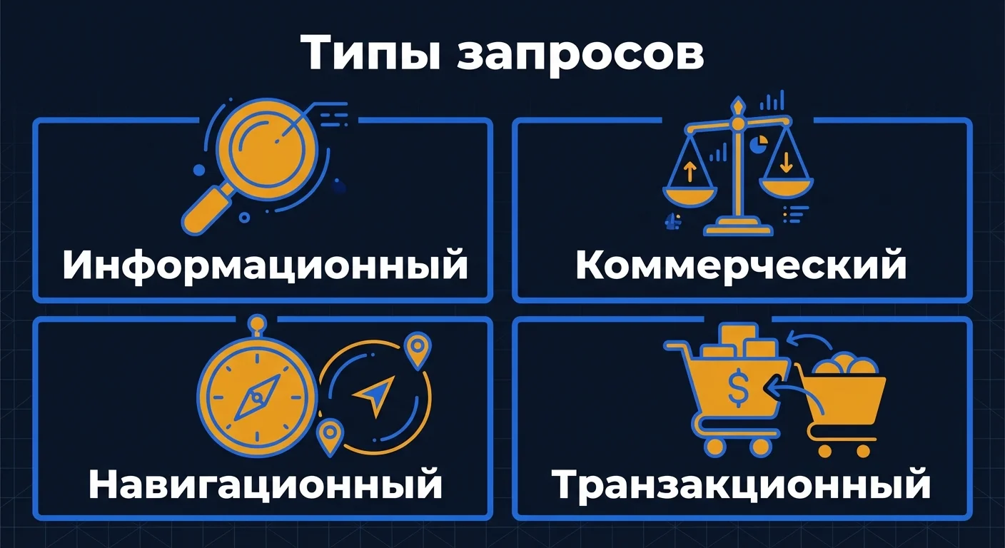 Диаграмма: четыре типа поисковых запросов - информационные, коммерческие, навигационные и транзакционные