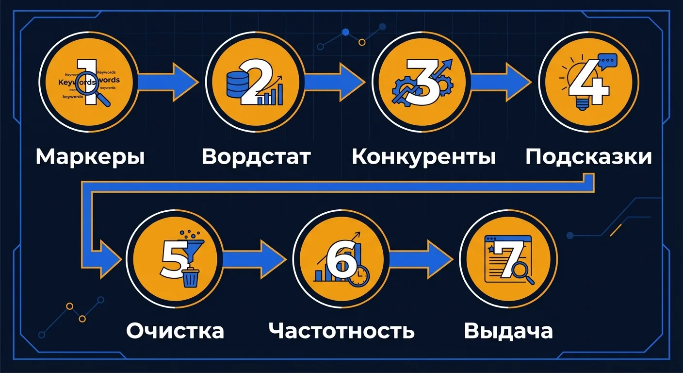 Инфографика: 7 шагов сбора семантического ядра - от маркерных запросов до проверки поисковой выдачи