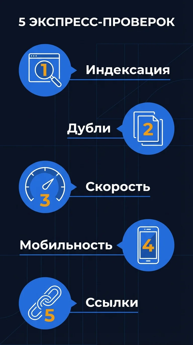 Инфографика: пять экспресс-проверок SEO - индексация, дубли, скорость загрузки, мобильность и ссылочный профиль