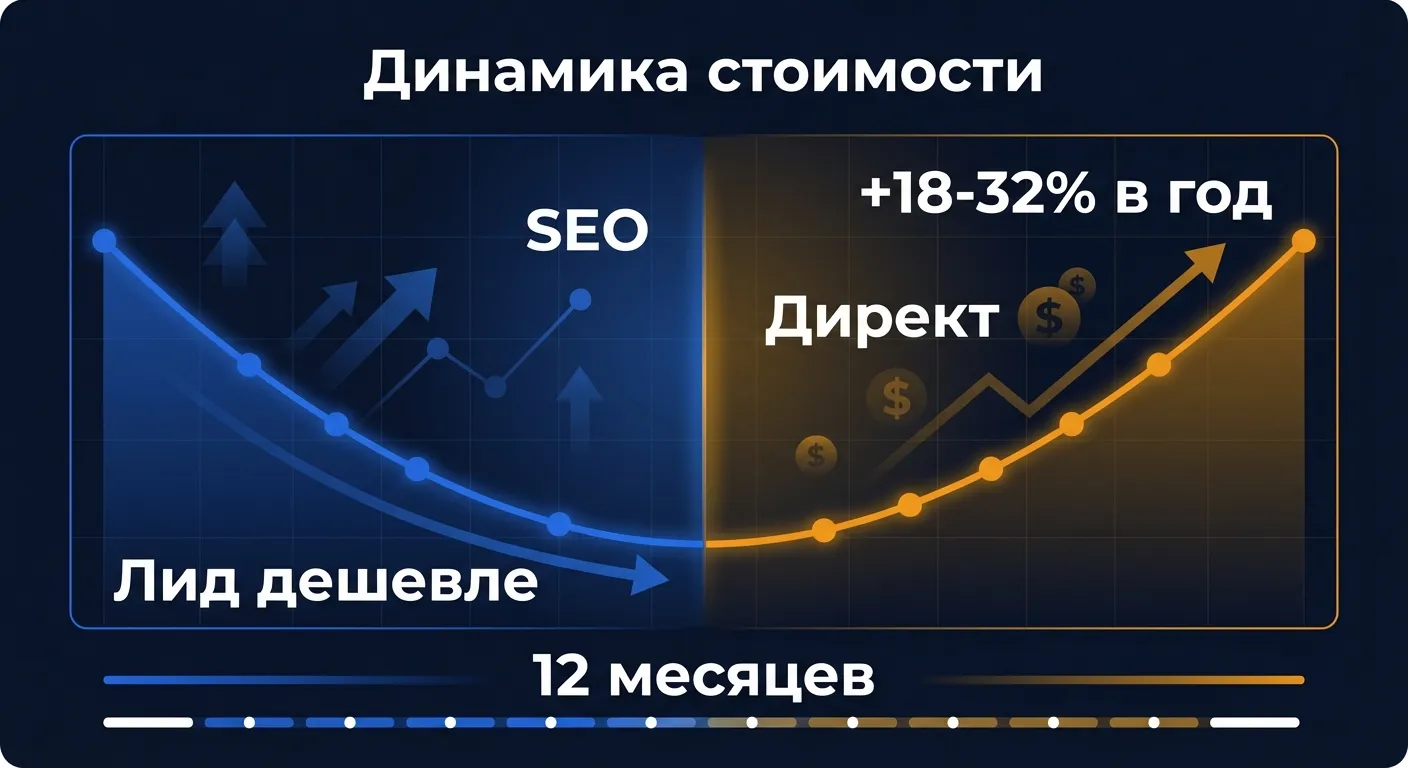 Динамика стоимости лида: SEO дешевеет со временем, Яндекс.Директ дорожает на 18-32% ежегодно