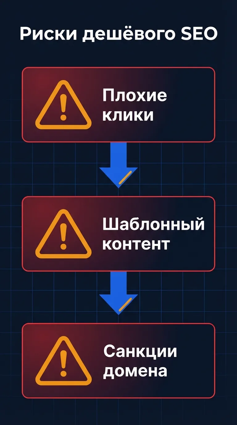 Инфографика: риски дешевого SEO-продвижения - плохие клики, шаблонный контент и санкции поисковых систем
