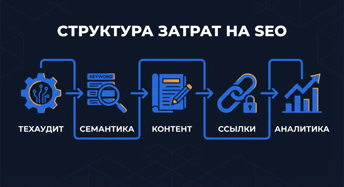 Инфографика: структура затрат на SEO-продвижение - технический аудит, семантика, контент, ссылки и аналитика