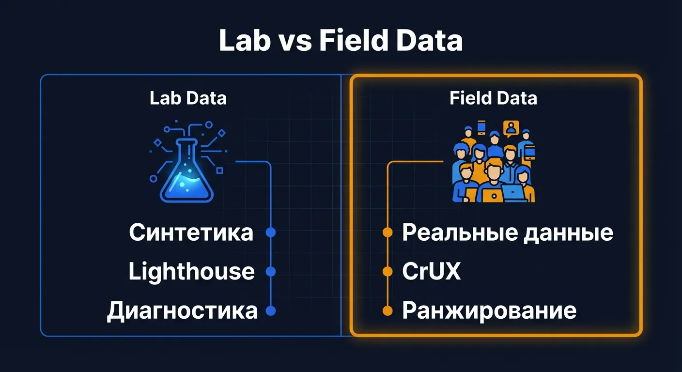 Сравнение Lab Data и Field Data: лабораторный тест Lighthouse против реальных данных пользователей из CrUX