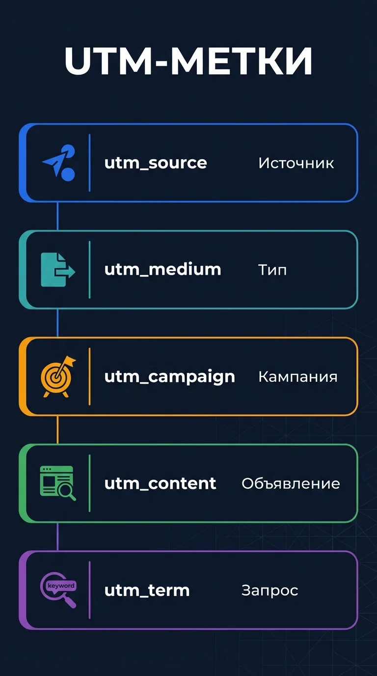 Инфографика: структура UTM-метки - пять параметров source, medium, campaign, content и term с описанием