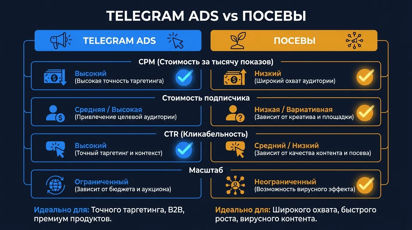 Сравнение Telegram Ads и посевов в каналах: CPM, стоимость подписчика, CTR, масштабируемость