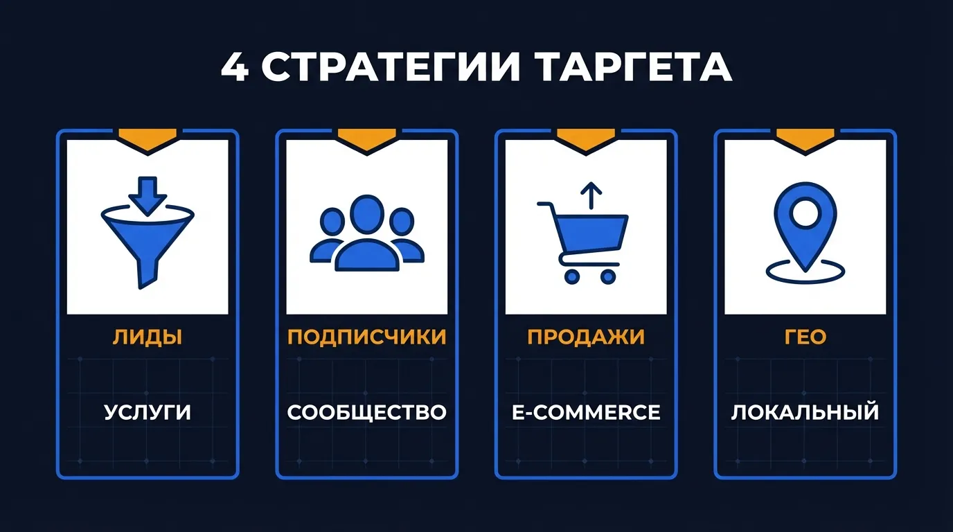 Инфографика: четыре стратегии таргета ВКонтакте - лиды для услуг, подписчики, e-commerce, локальный бизнес