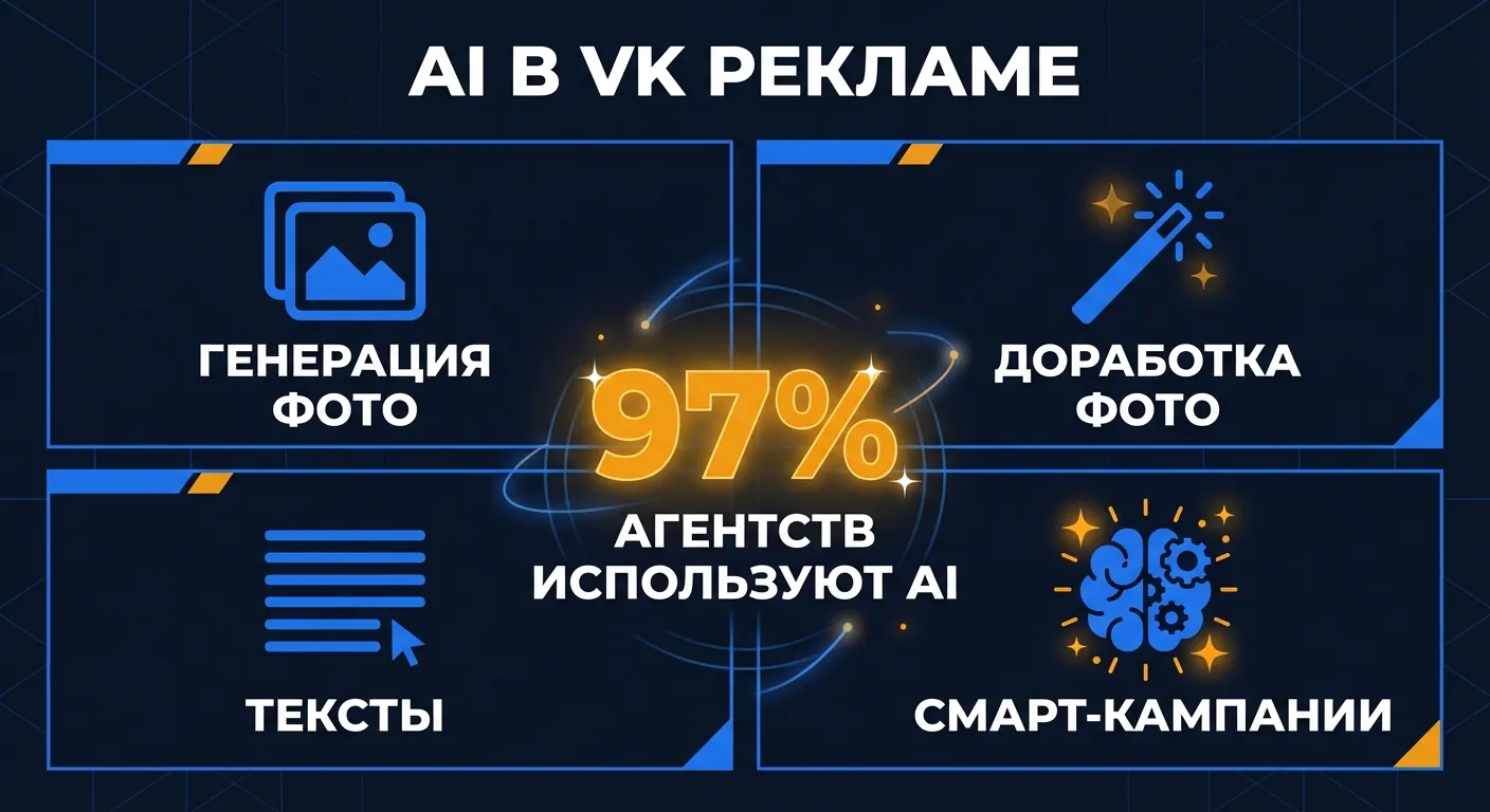 Инфографика: AI-инструменты VK Рекламы - генерация фото, доработка креативов, тексты, смарт-кампании, 97% агентств