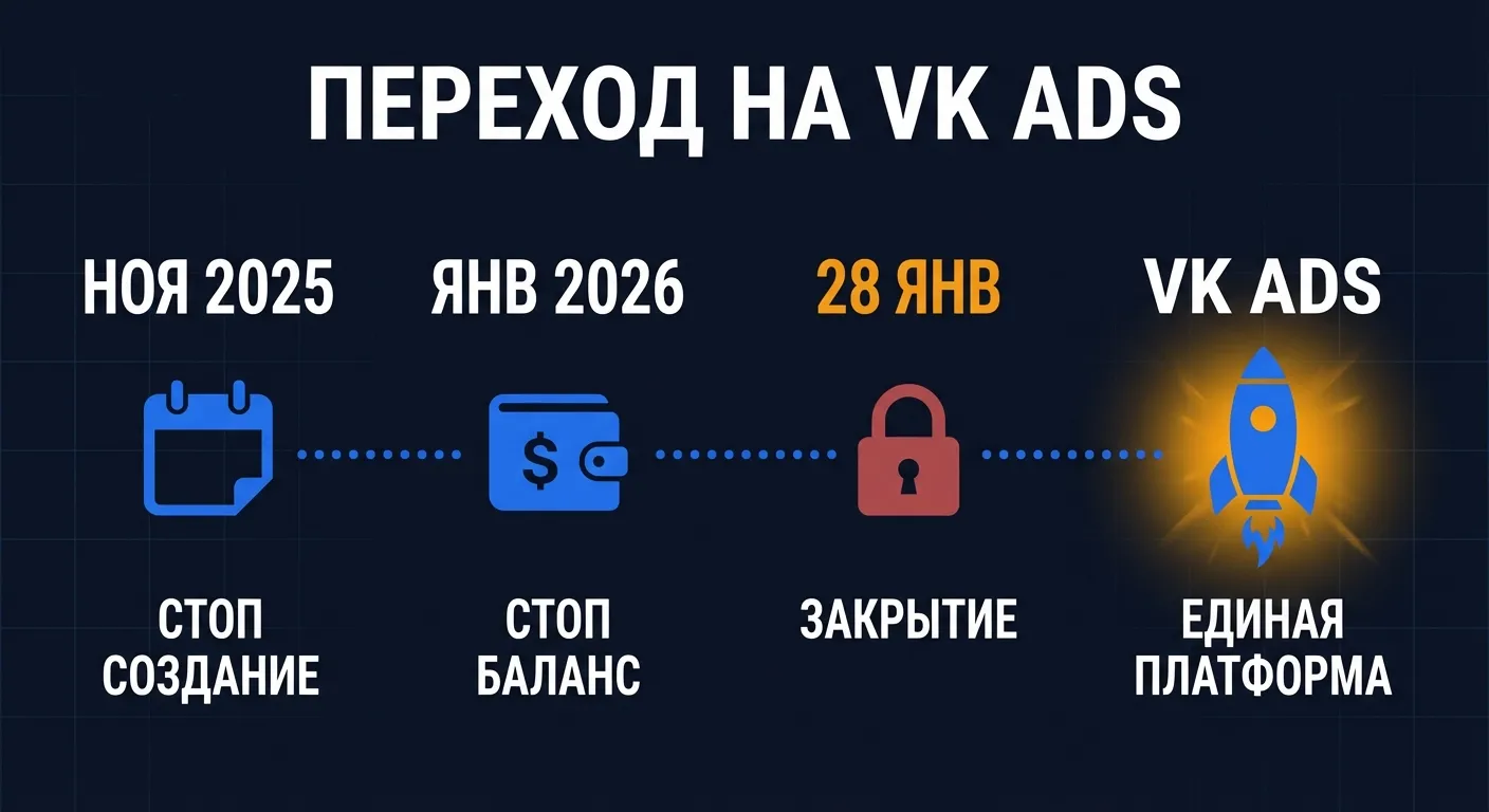 Таймлайн перехода на VK Ads: ноябрь 2025 - стоп создание, январь 2026 - закрытие старого рекламного кабинета ВК