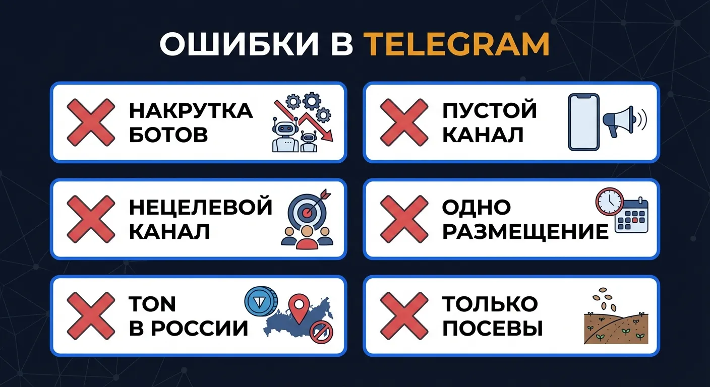 Чеклист: шесть типичных ошибок при запуске рекламы в Telegram - накрутка, пустой канал, TON