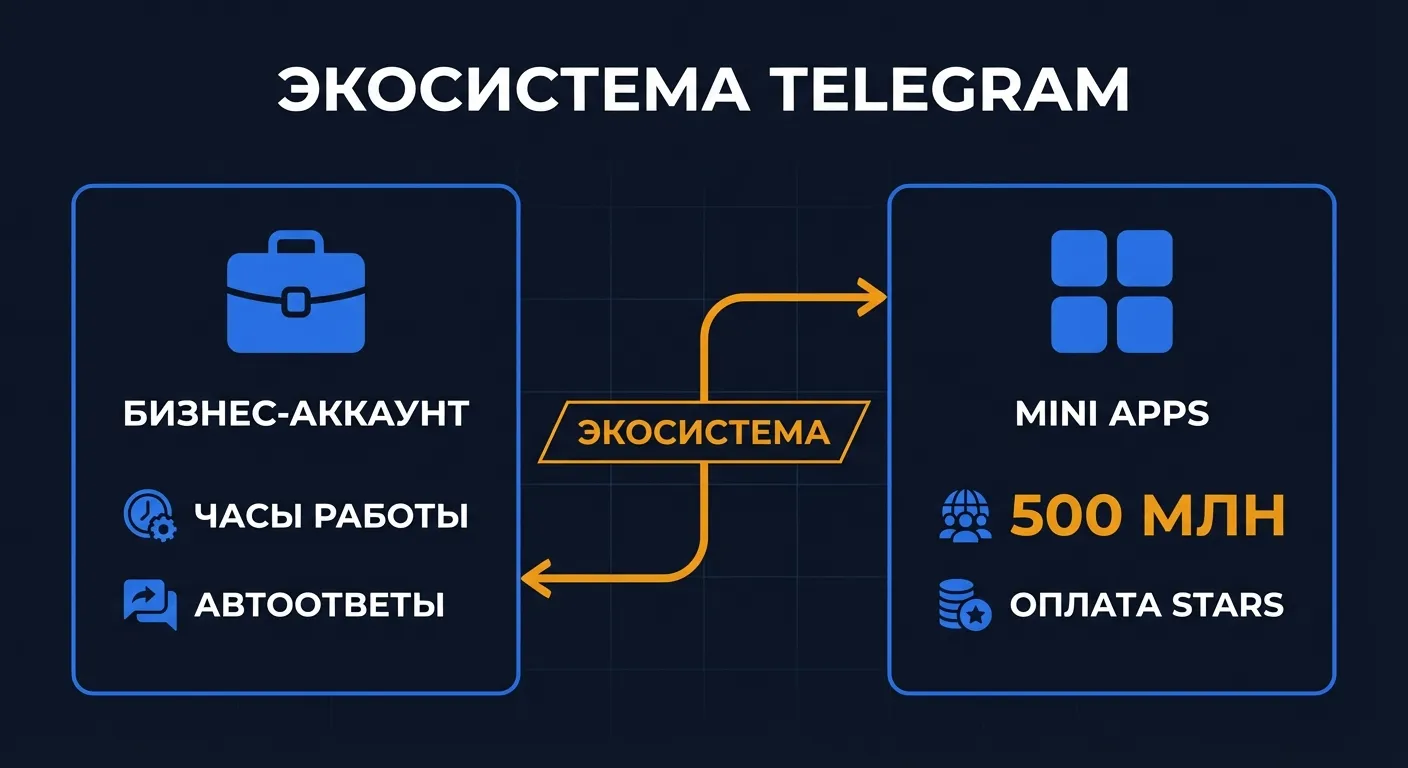 Инфографика: экосистема Telegram для бизнеса - бизнес-аккаунт и Mini Apps с оплатой Stars