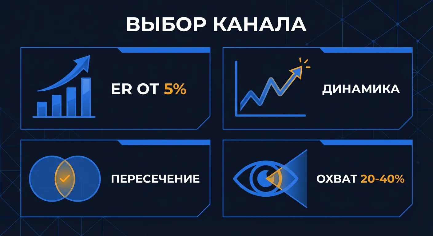 Инфографика: критерии выбора канала для посевов - ER от 5%, динамика, пересечение, охват
