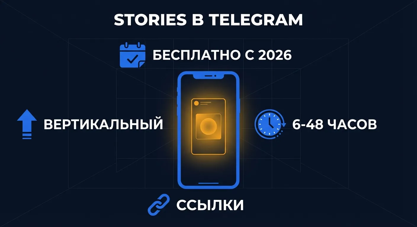 Инфографика: рекламный формат Stories в Telegram - бесплатно с 2026, вертикальный, со ссылками