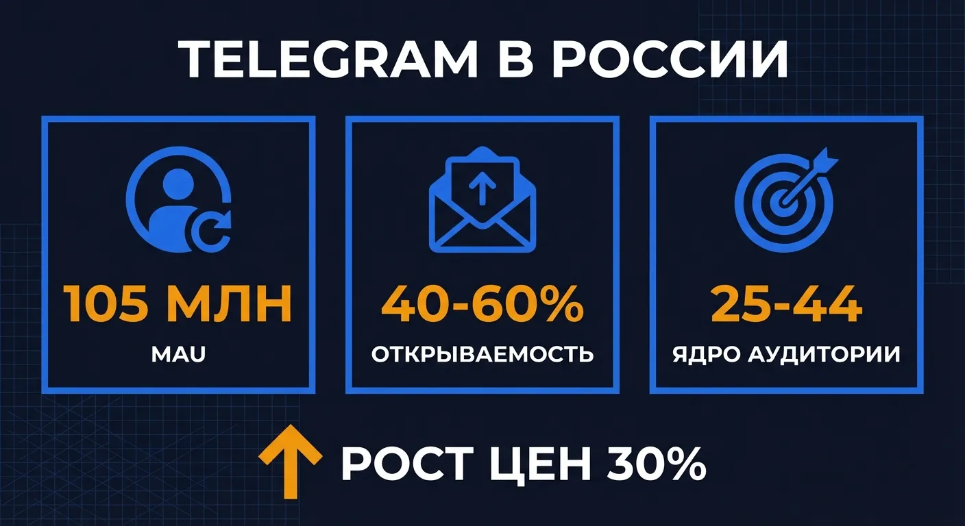 Инфографика: аудитория Telegram в России - 105 млн MAU, открываемость 40-60%, ядро 25-44 года