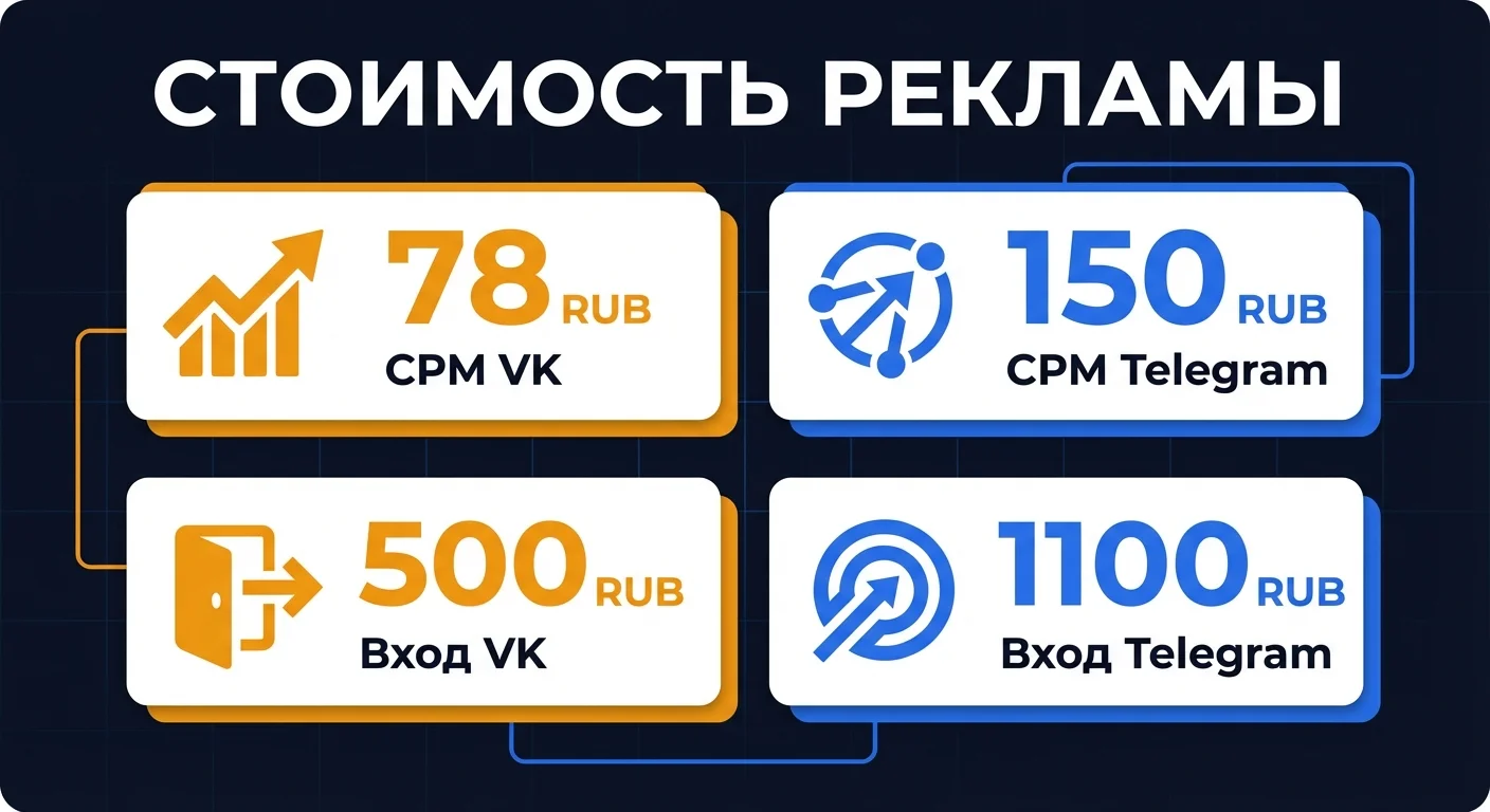 Дашборд: стоимость рекламы в Telegram и ВКонтакте - CPM, минимальный бюджет для запуска рекламной кампании