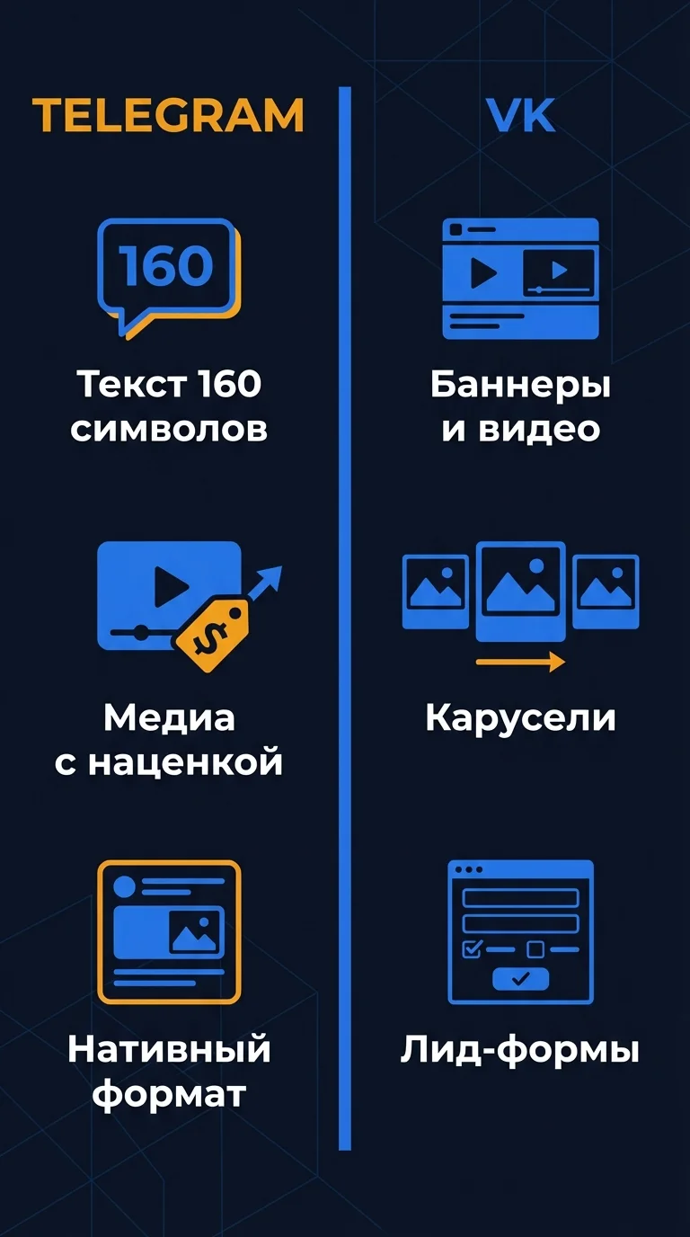 Сравнение форматов рекламы Telegram Ads и VK Реклама - текстовые объявления, баннеры, карусели и лид-формы