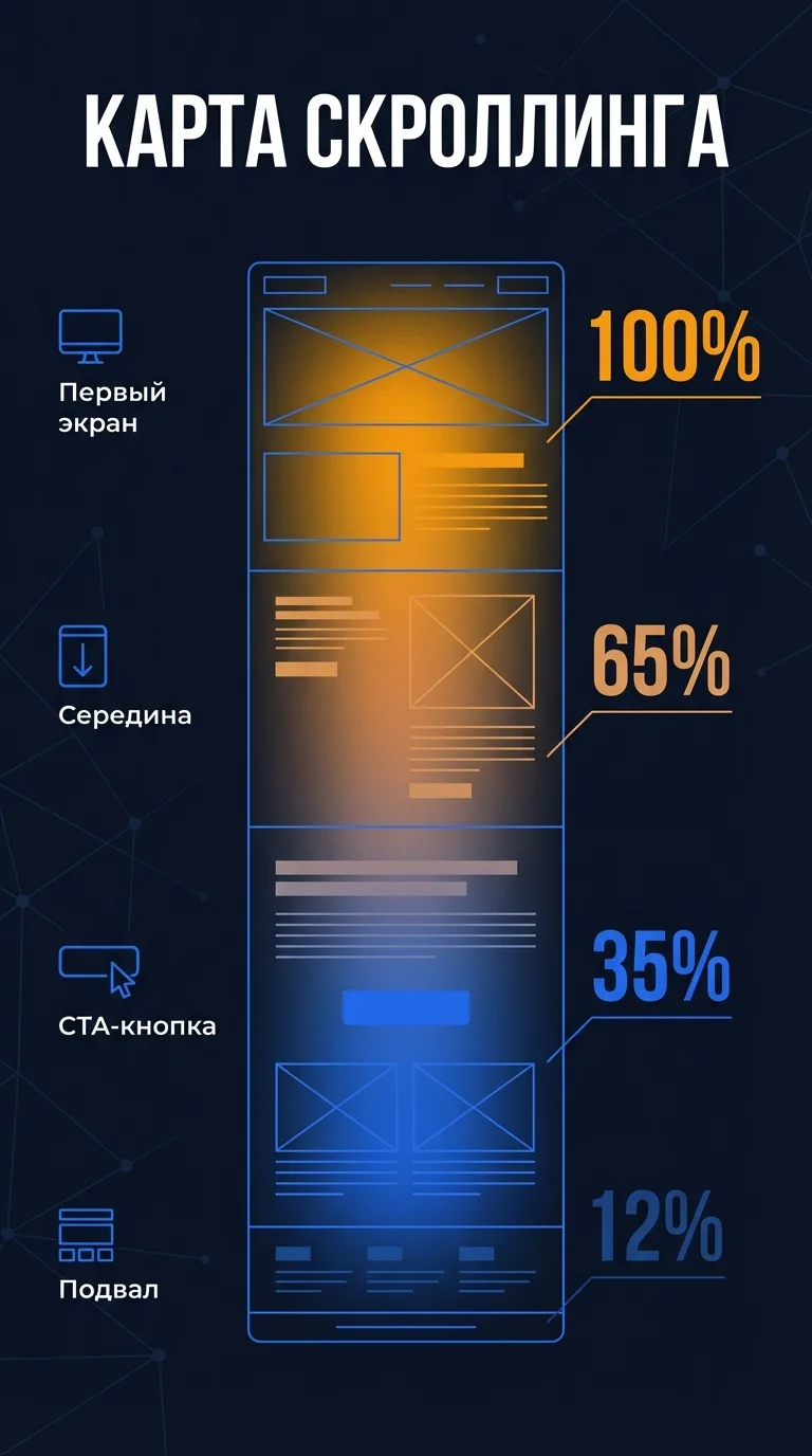 Диаграмма карты скроллинга: тепловой градиент глубины просмотра страницы от горячей зоны к холодной