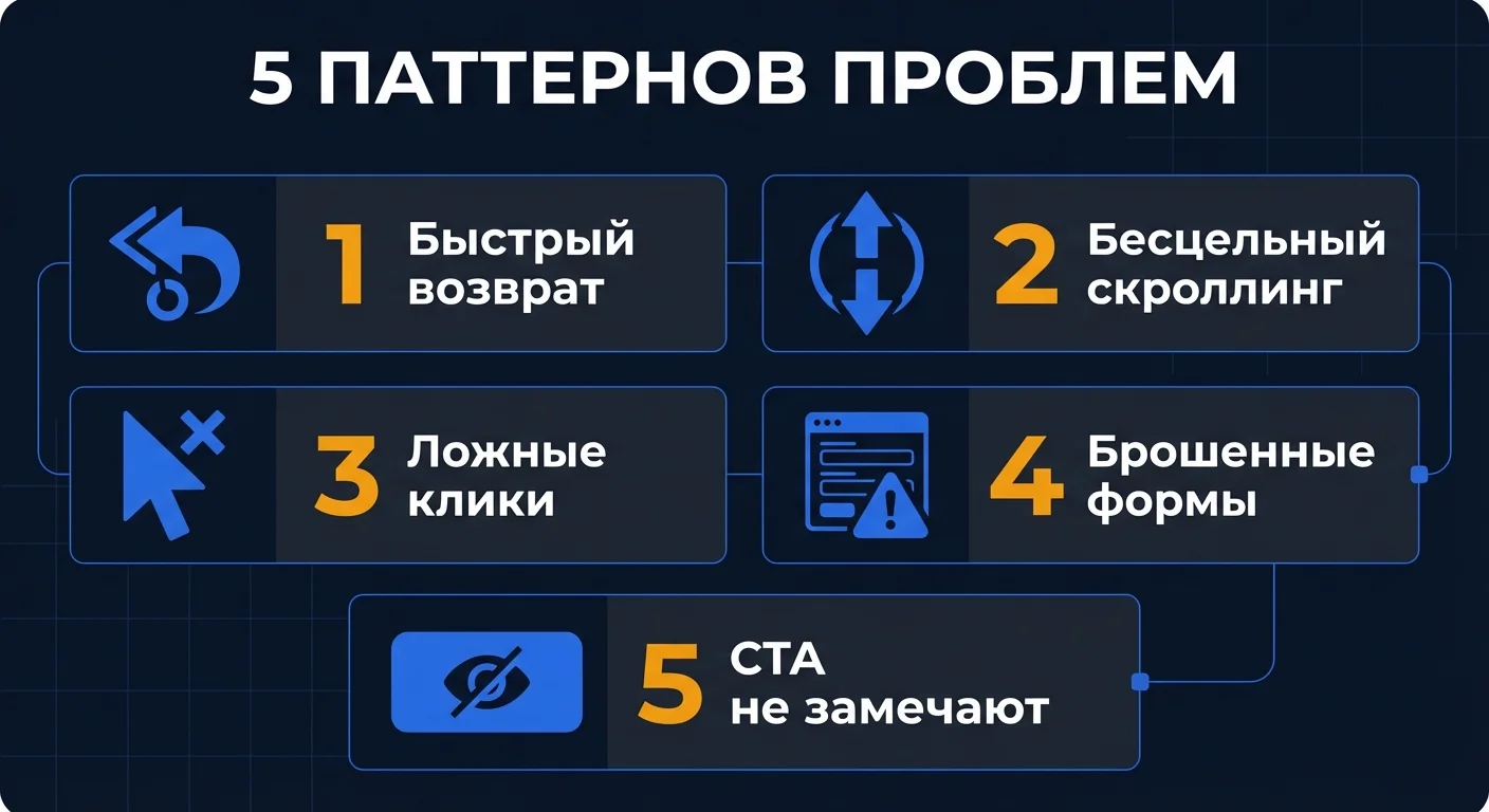 Инфографика: пять паттернов проблем UX, которые выявляет Вебвизор при анализе записей посетителей