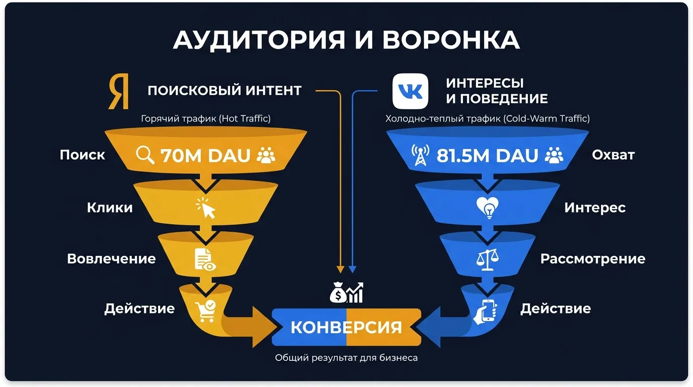 Аудитория VK Ads и Яндекс.Директ: воронка контакта - Директ ловит горячий спрос, VK находит интерес в ленте
