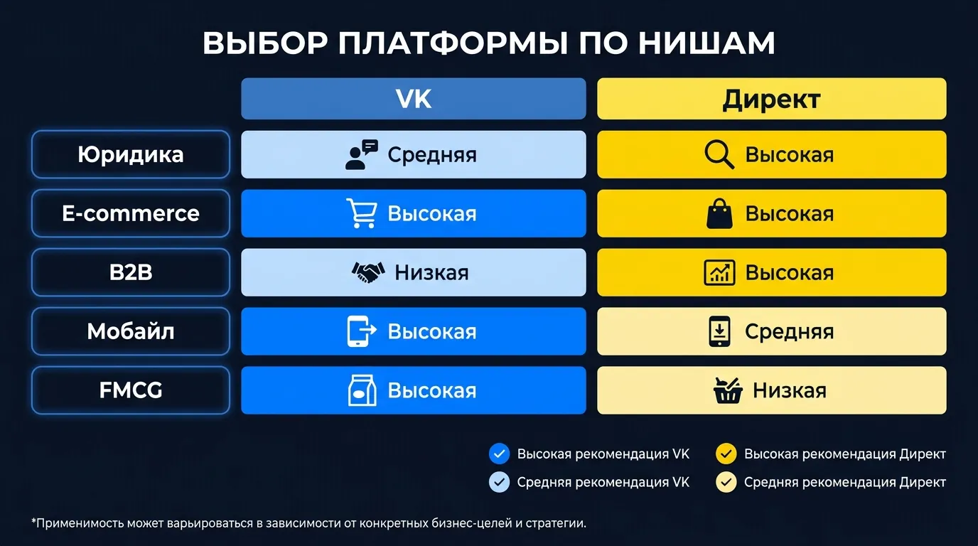 Матрица выбора VK Ads vs Яндекс.Директ по нишам: только VK, только Директ, оба вместе